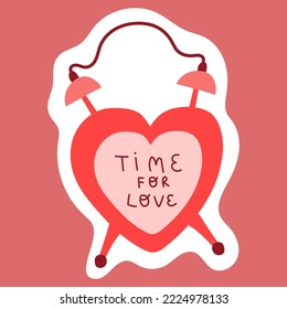Time to Love vector sticker alarm. Isolated cartoon alarm clock on pink