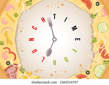 Time for lunch. Assorted pizza with conceptual vector watch with stylized clock hands like spoon and fork.