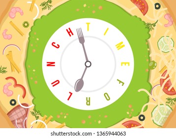 Time for lunch. Assorted pizza with conceptual vector watch with stylized clock hands like spoon and fork.