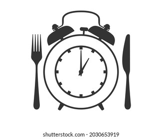 Afiche gráfico del concepto de hora de almuerzo. Cuchillo con señal de reloj de alarma y horquilla aislado en fondo blanco. Ilustración del vector