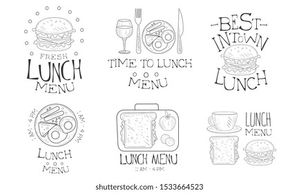 Time to Lunch Hand Drawn Retro Labels Set, Best in Town Fresh Natural Food Menu Monochrome Badges Vector Illustration