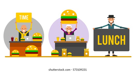 Time for lunch. Set of cartoon businessmen in the workplace in flat style. Vector illustration isolated on white background.