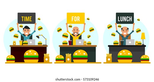 Time for lunch. Set of cartoon businessmen in the workplace in flat style. Vector illustration isolated on white background.