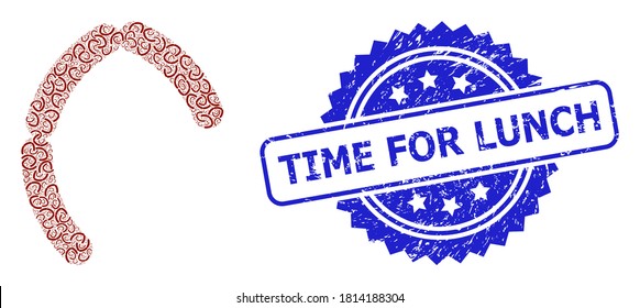 Time for Lunch unclean stamp seal and vector fractal mosaic sausages. Blue stamp seal has Time for Lunch text inside rosette. Vector collage is made from repeating rotated sausages icons.
