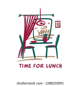 Time for lunch. Window view on park landscape. Free handdrawn style image with food on table in cafe, bistro, restaurant. Template design banner, poster, flyer for food business. Vector illustration.