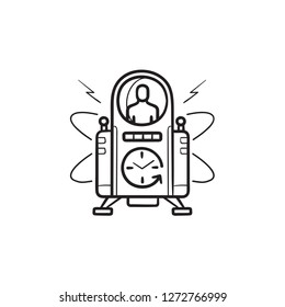 Time Machine With Clock Go Back Hand Drawn Outline Doodle Icon. Time Travel, Future Technology Concept. Vector Sketch Illustration For Print, Web, Mobile And Infographics On White Background.