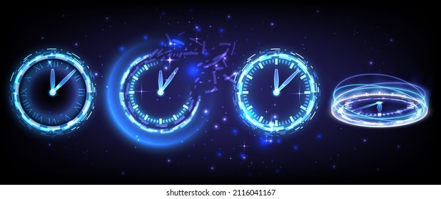 Time machine, fade, timer and deadline. Sci-fi hi-tech collection in glowing HUD elements clock. Hologram portal of science futuristic technology. Magic warp gate in game fantasy. Teleport podium