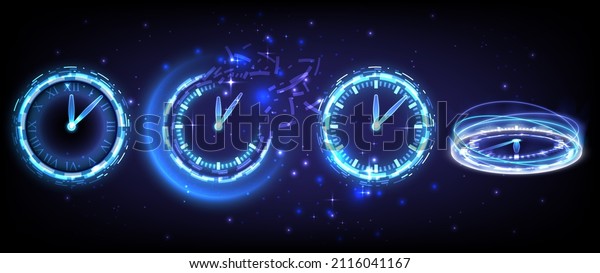 Time machine, fade, timer and deadline. Sci-fi
hi-tech collection in glowing HUD elements clock. Hologram portal
of science futuristic technology. Magic warp gate in game fantasy.
Teleport podium