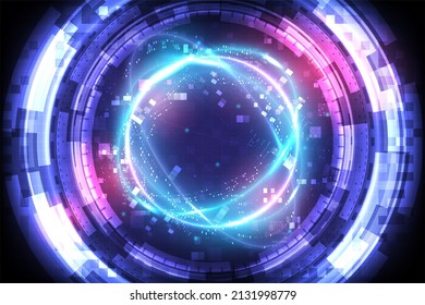 Time machine Glowing HUD circle. Abstract technology background. Power energy of speed element. Luminous sci-fi. Spinning neon lights cosmic. Futuristic swirl universe trail effect. Teleport gate