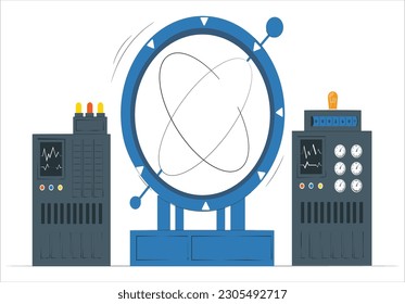 Máquina del tiempo en el laboratorio. Viajando telepuertos del pasado al futuro, científicos haciendo teletransportación de personas al universo paralelo, puerta o túnel, portal para el vórtice del tiempo. Viajando en el tiempo, ciencia ficción