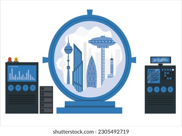 Máquina del tiempo en el laboratorio. Viajando telepuertos del pasado al futuro, científicos haciendo teletransportación de personas al universo paralelo, puerta o túnel, portal para el vórtice del tiempo. Viajando en el tiempo, ciencia ficción