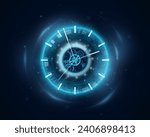 Time machine. Neon clock. Watch dial. Abstract future timepiece face with modern glow. Old chronometer. Blue light. Timer countdown. Cyber technology. Shiny clockwork. Vector background