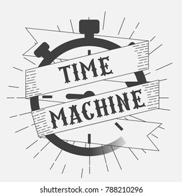 Time Machine Retro Poster. Black Clock On A White Background. Stopwatch Vintage Logo With Light Rays.