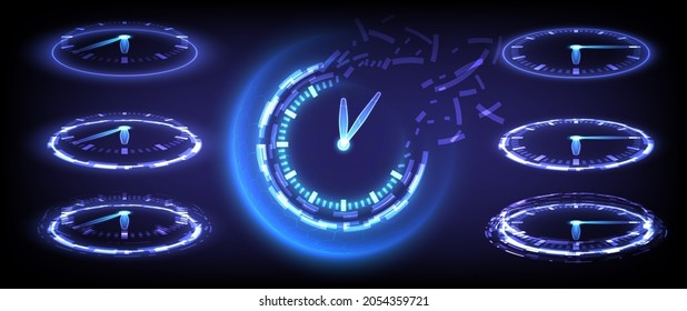 Máquina del tiempo, temporizador y fecha límite. Colección digital de alta tecnología de Sci-fi en reloj de elementos HUD brillantes. Portal holograma de tecnología futurista. Puerta de la varita mágica en la fantasía del juego. Podio de Teleport