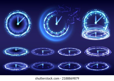 Máquina del tiempo, temporizador y fecha límite. Colección digital de alta tecnología de Sci-fi en reloj de elementos HUD brillantes. Portal holograma de tecnología futurista. Puerta de la varita mágica en la fantasía del juego. Podio de Teleport