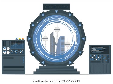 Vector de máquina de tiempo. máquina del tiempo yendo al futuro o al pasado. El arte vectorial representa la máquina del tiempo, de vuelta al pasado, cambiando la historia y descubriendo el futuro.