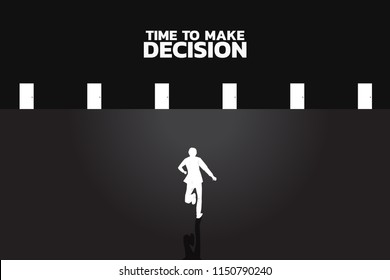 time to make decision in business direction. Silhouette of businessman running to select door to enter