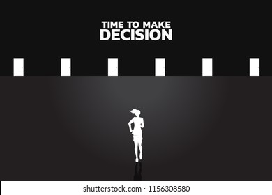 time to make decision in business direction. Silhouette of businesswomen running to select door to enter