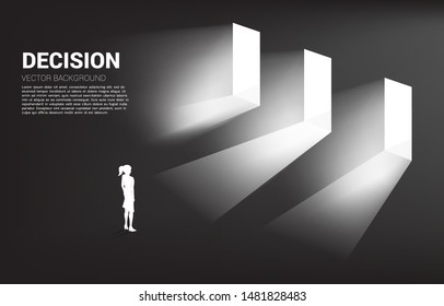 time to make decision in business direction. Silhouette of businesswoman standing to select door to enter