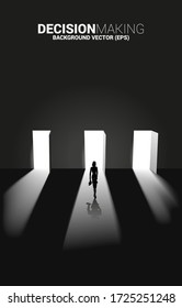 time to make decision in business direction. Silhouette of businesswoman standing to select door to enter