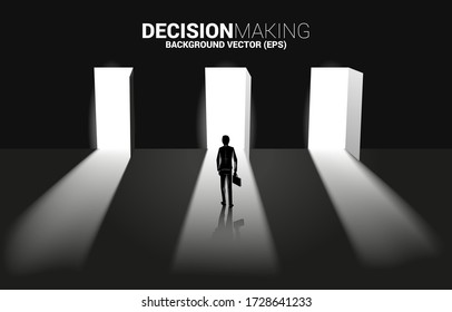 time to make decision in business direction. Silhouette of businessman standing to select door to enter