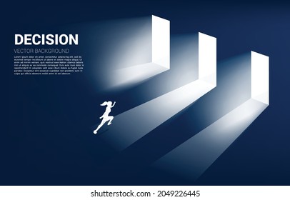 time to make decision in business direction. Silhouette of businesswoman running to select door to enter
