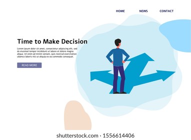 Time to make a decision - flat banner template with cartoon man standing on crossroad with three paths and making a road choice for business or career. Vector illustration.