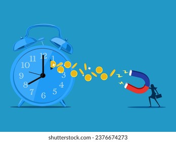Time to make money. Businesswoman uses a magnet to suck money from a watch