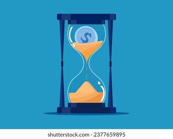 Time makes money depreciate. Coins in the hourglass. vector