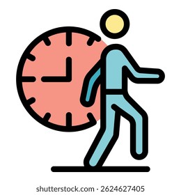 Time and man icon. Outline time and man vector icon color flat isolated
