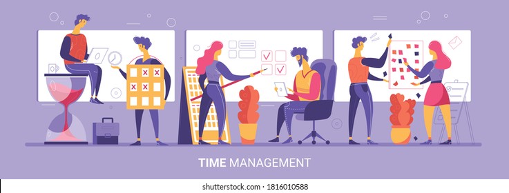 Time management 3 flat compositions with employees sitting on hourglass planning scheduling tracking projects horizontal vector illustration 