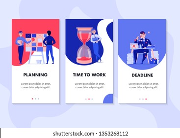 Time Management 3 Flat Vertical Banners Set With Task Planning Deadline Stress Hourglass Symbols Isolated Vector Illustration