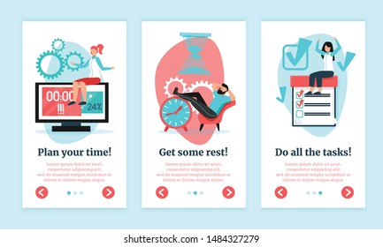 Time management 3 flat vertical banners set with tasks planning relaxing get work done isolated vector illustration 