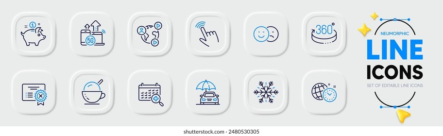 Time management, 360 degrees and Reject certificate line icons for web app. Pack of Medical calendar, Car insurance, Ice cream pictogram icons. Video conference, 5g internet. Vector