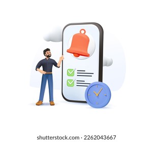 Time management 3D illustration set. Character using time tracker, reminder and notification tools to organize tasks, deadline schedule and increase productivity. 3D Business concept render Vector