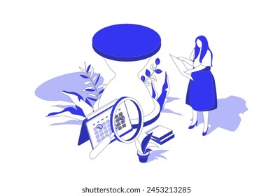 Concepto isométrico 3d de gestión del tiempo en Diseño gráfico isométrico para Web. Escenario de Personas con mujeres planificando tareas con fecha límite, mejorando la eficacia y la productividad del flujo de trabajo. Ilustración vectorial.