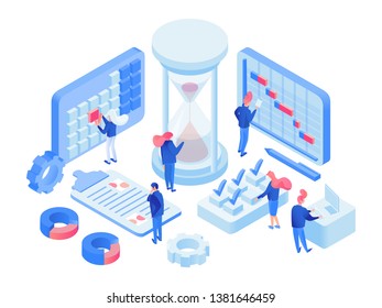 Time management 3d lab isometric illustration. Cartoon planning time experts, specialists working in futuristic office. Scheduling projects, marking deadlines, complete tasks in laptop, calendar