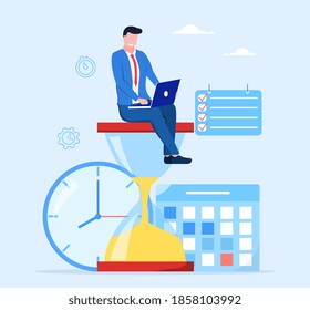 Time management abstract concept. Businessman with laptop sitting and working on big hourglass. Organization of process. Cartoon flat vector illustration with fictional character