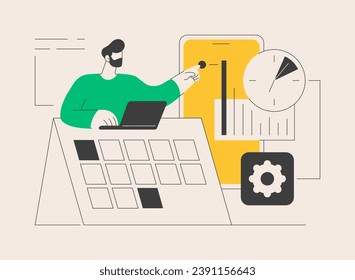 Ilustración vectorial de concepto abstracto de administración de tiempo. Herramienta de seguimiento de tiempo, software de gestión, planificación efectiva, productividad en el trabajo, reloj, sistema de control, metáfora abstracta de planificación de proyectos.