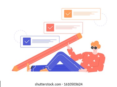 Time management and achieving goals. Effective day planning, organizing projects, completing tasks, making lists. Vector flat character man with a giant pencil.