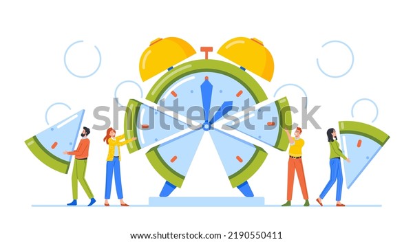 Time Management, Allocation Concept.\
Business People Manage Limited Time To Optimize Outcome, Project\
Efficiency And Productivity, Characters Cut Clock Face on Slices.\
Cartoon Vector\
Illustration