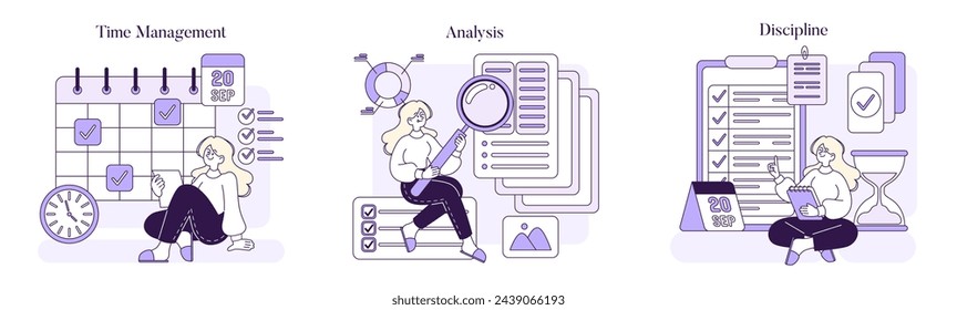 Gestión del tiempo, análisis, conjunto de disciplina. Ilustra la planificación meticulosa, el escrutinio de datos y las habilidades organizativas. Destaca la importancia de la estructura para alcanzar los objetivos. Ilustración de vector