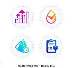 Time management, Analysis graph and Dermatologically tested icons simple set. Button with halftone dots. Patient history sign. Clock tags, Targeting chart, Organic. Medical survey. Science set. Vector