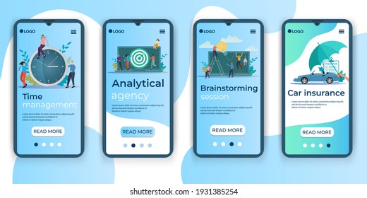 Time management, Analytical Agency, Brainstorming, Auto insurance.A set of UI, UX interfaces for smartphone screens.Features of adaptive design.Flat vector illustration.