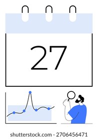 Gestión del tiempo, análisis, planificación empresarial, seguimiento de datos, productividad, estrategia. Un calendario con una fecha, un gráfico de líneas y una persona analizando datos. Conceptos de gestión del tiempo y análisis