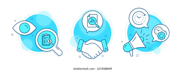 Time management, Analytics graph and Accounting report line icons set. Handshake deal, research and promotion complex icons. Time change sign. Settings, Chart report, Check finance. Clock. Vector