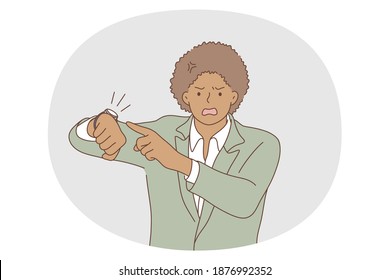 Time Management, Anger, Deadline Concept. Young Angry Black Businessman Office Worker Standing And Pointing On Watch On Hand Meaning Late And Rage Of Deadline Finish Vector Illustration 