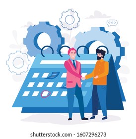 Time management app with calendar and two business man shaking hand, Vector illustration for web banner, infographics, mobile.