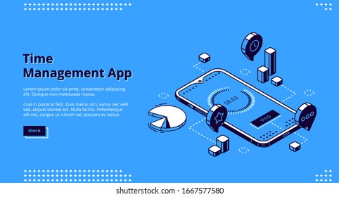 Time management app isometric landing page, smartphone application for working productivity, effective task prioritizing organization, job schedule optimization concept. 3d vector line art web banner