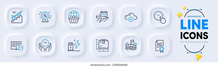 Gerenciamento de tempo, documentação aprovada e ícones de linha da estação de cobrança para aplicativo Web. Pacote de Arena, diploma de certificado, Selecione ícones de pictograma de voo. Dimensão da embalagem, Escadas. Botões neumórficos. Vetor